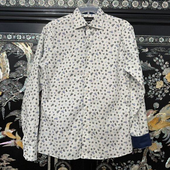 Paul Fredrick Other - Paul Fredrick Slim Dress Shirt 15 White Blue Ginkgo Floral Flip Cuff Long Sleeve